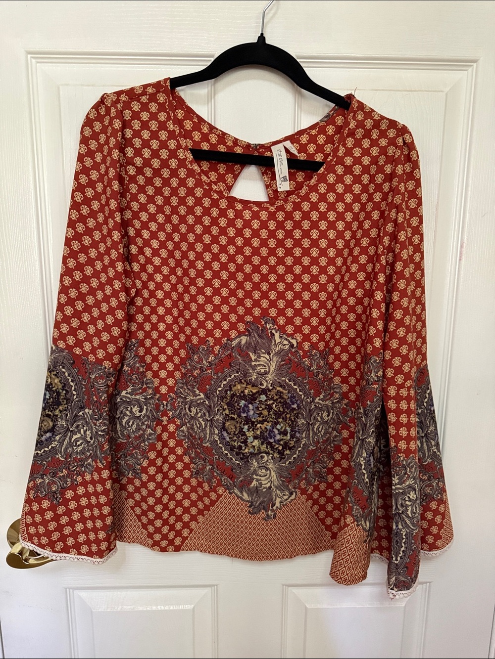 Pink Owl Rust Red Printed Bell-Sleeve Tunic